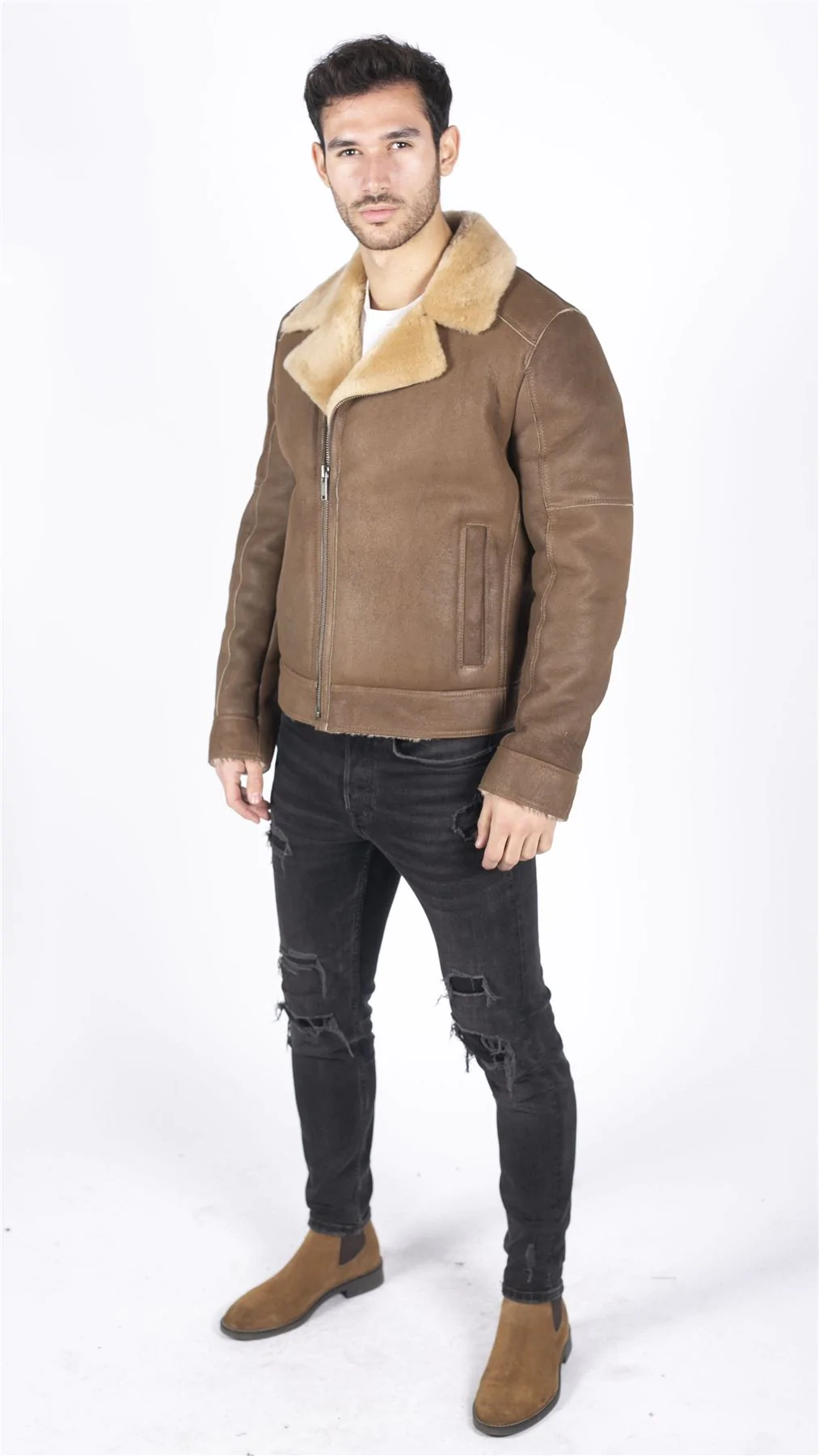 Mens Genuine Sheepskin Leather Cross Zip Flying Aviator Jacket Camel Brown Fur - Image 3