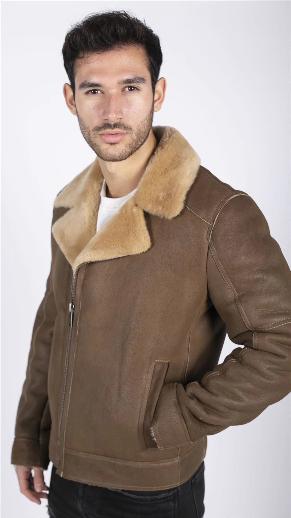 Mens Genuine Sheepskin Leather Cross Zip Flying Aviator Jacket Camel Brown Fur - Image 4