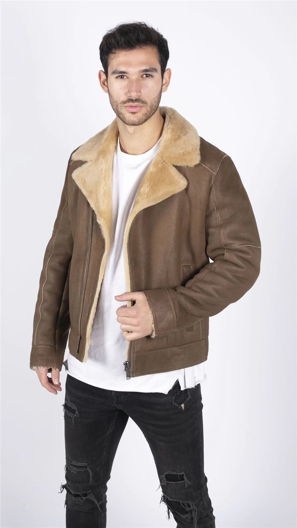 Mens Genuine Sheepskin Leather Cross Zip Flying Aviator Jacket Camel Brown Fur - Image 5