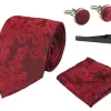Paisley Neck Red Tie Gift Set Pocket Square Cuff Links Tie Floral Satin