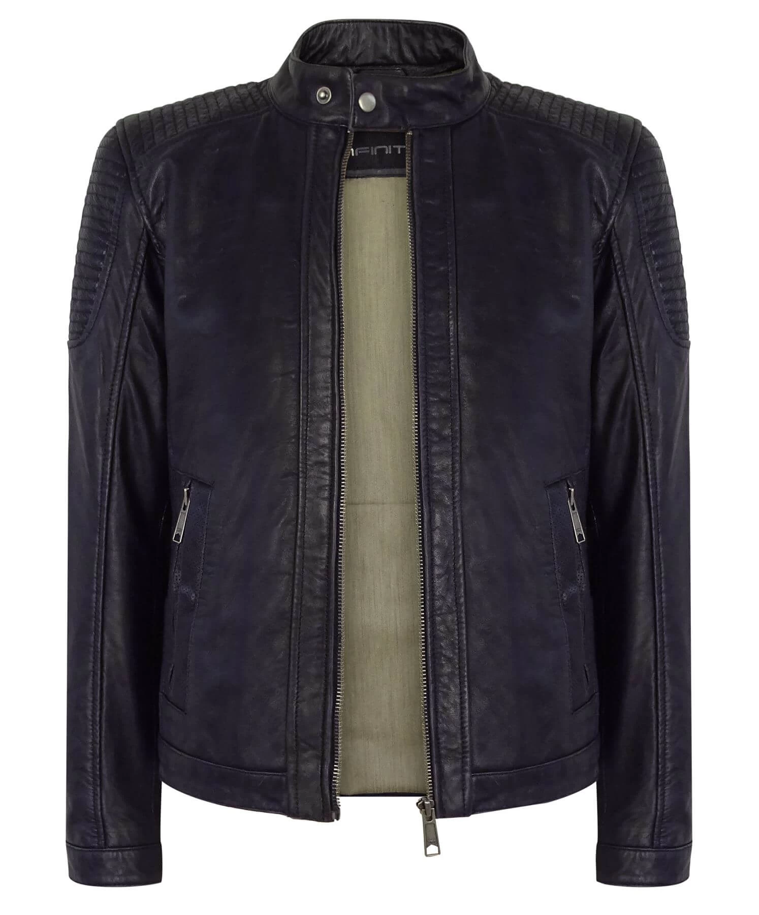 Infinity Real Leather Navy-Blue Biker Jacket For Men - Image 3