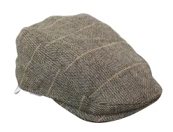 Cavani Albert Mens Tweed Flat Cap – Herringbone Tweed Wool Grandad Flat Hats Vintage – Tan Brown/Charcoal Grey
