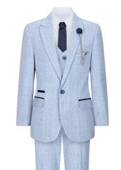 Boys 3 Piece Check Suit Tweed Light Blue Tailored Fit Wedding Peaky Classic