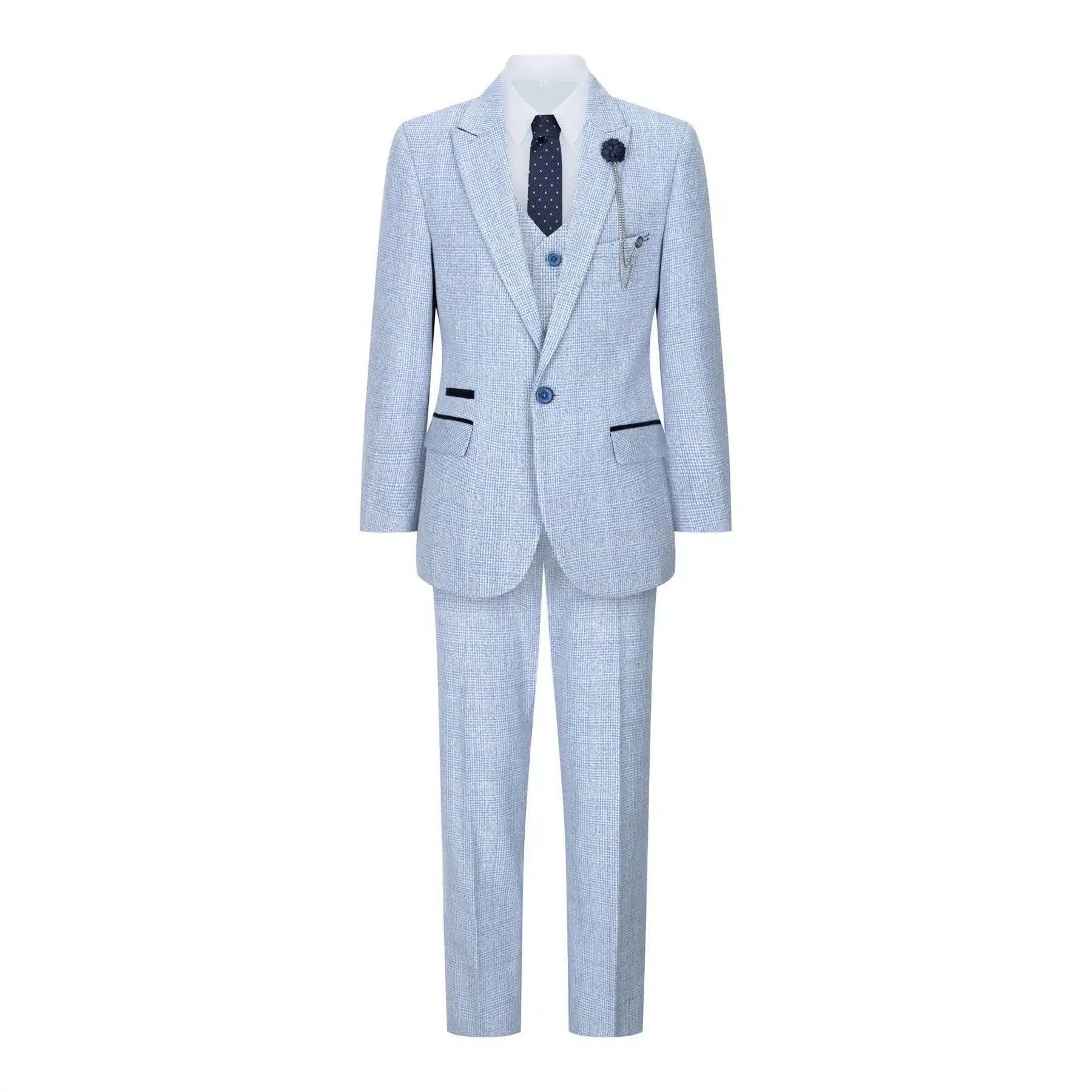 Boys 3 Piece Check Suit Tweed Light Blue Tailored Fit Wedding Peaky Classic - Image 2