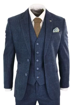 Cavani Carnegi – Mens 3 Piece Navy Blue Tweed Check 1920’s Vintage Suit