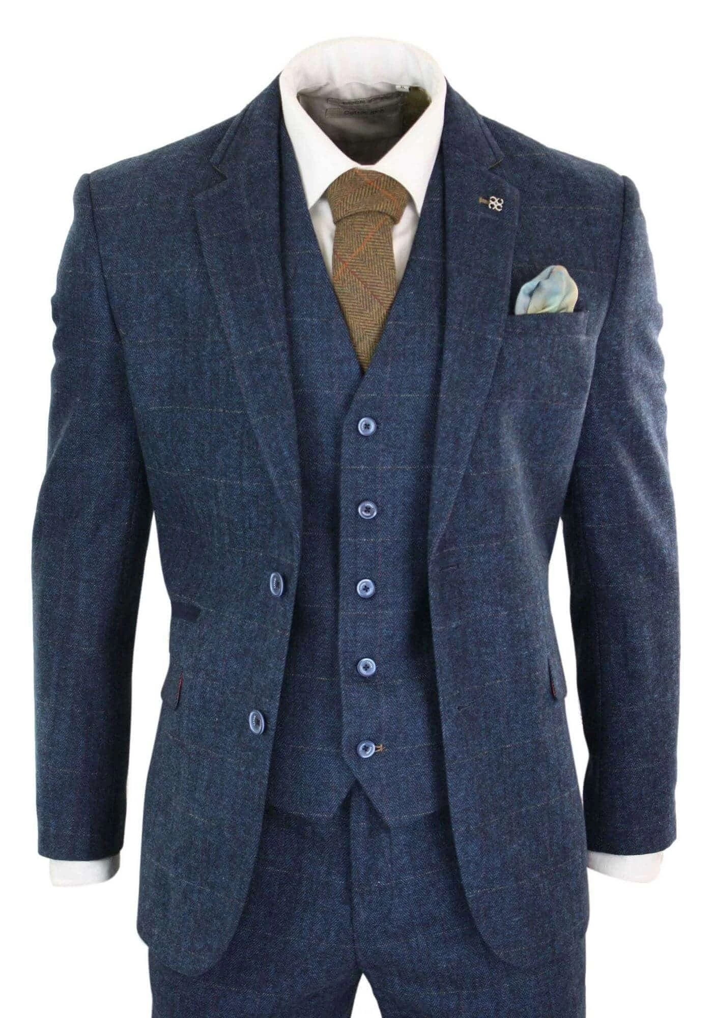 Cavani Carnegi β Mens 3 Piece Navy Blue Tweed Check 1920βs Vintage Suit