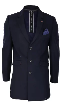 Cavani Mens Classic 3/4 Length Navy Overcoat