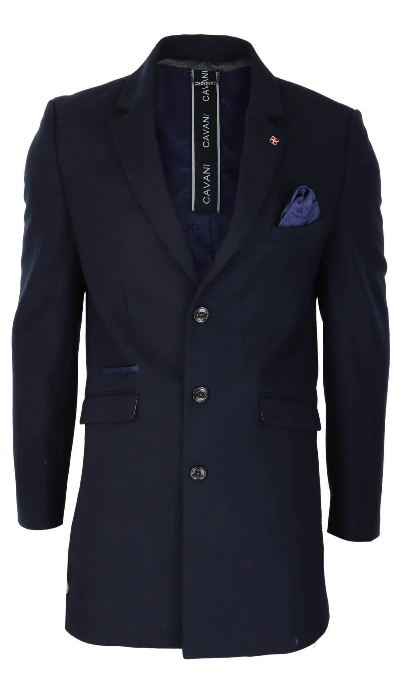 Cavani Mens Classic 3/4 Length Navy Overcoat