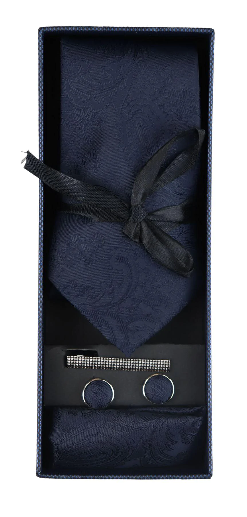 Paisley Neck Navy Tie Gift Set Pocket Square Cuff Links Tie Floral Satin - Image 3