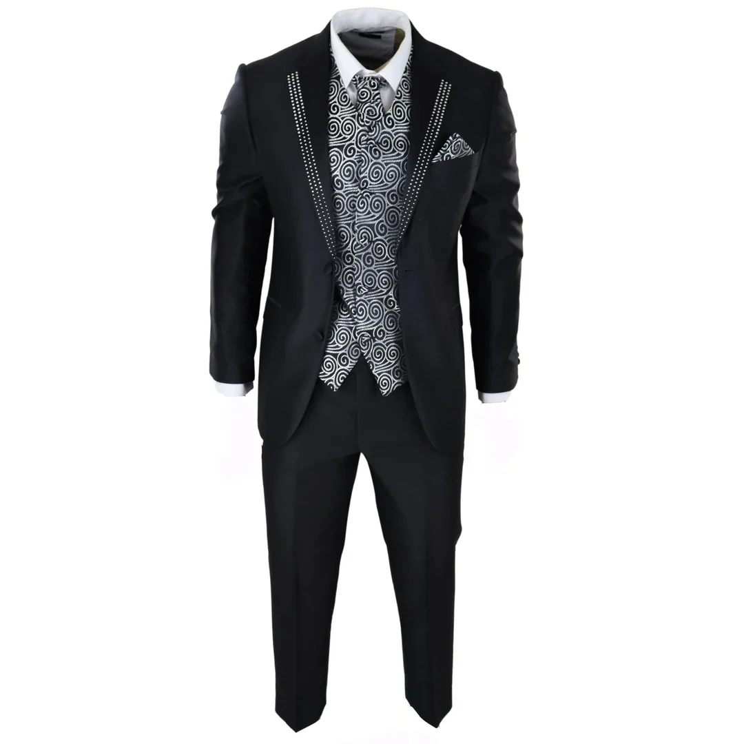 Men’s Black 3-Piece Wedding Suit With Silver Cravat And Embellished Waistcoat - Image 6