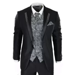 Men’s Black 3-Piece Wedding Suit With Silver Cravat And Embellished Waistcoat