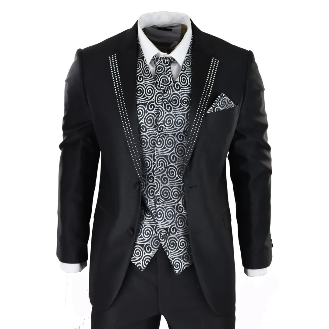 Men’s Black 3-Piece Wedding Suit With Silver Cravat And Embellished Waistcoat