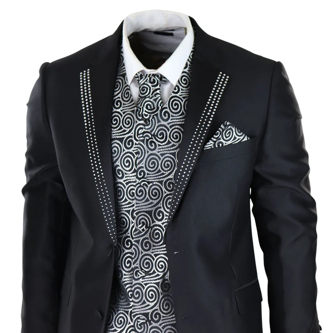 Men’s Black 3-Piece Wedding Suit With Silver Cravat And Embellished Waistcoat - Image 2