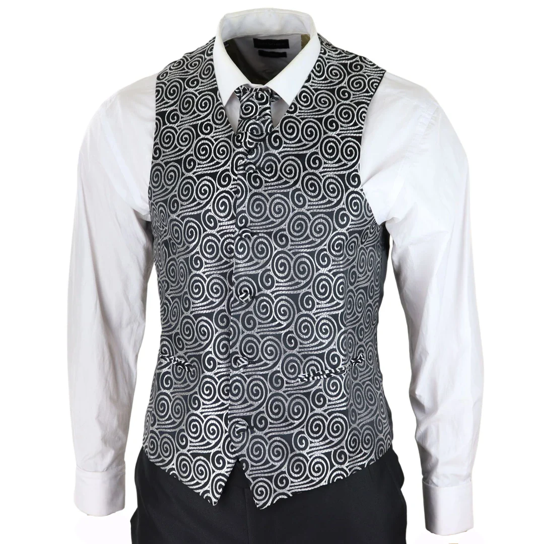 Men’s Black 3-Piece Wedding Suit With Silver Cravat And Embellished Waistcoat - Image 3
