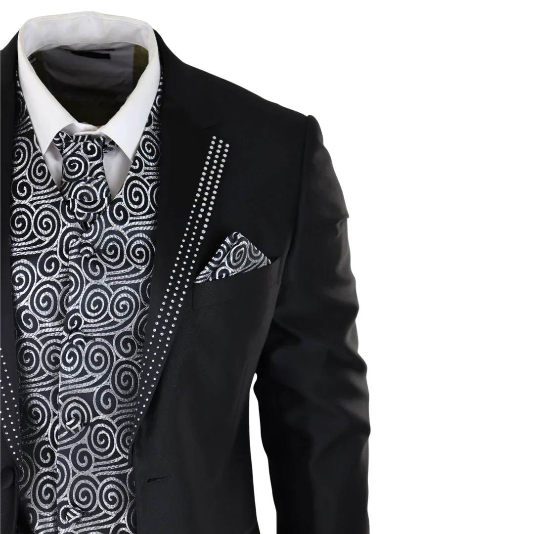 Men’s Black 3-Piece Wedding Suit With Silver Cravat And Embellished Waistcoat - Image 4
