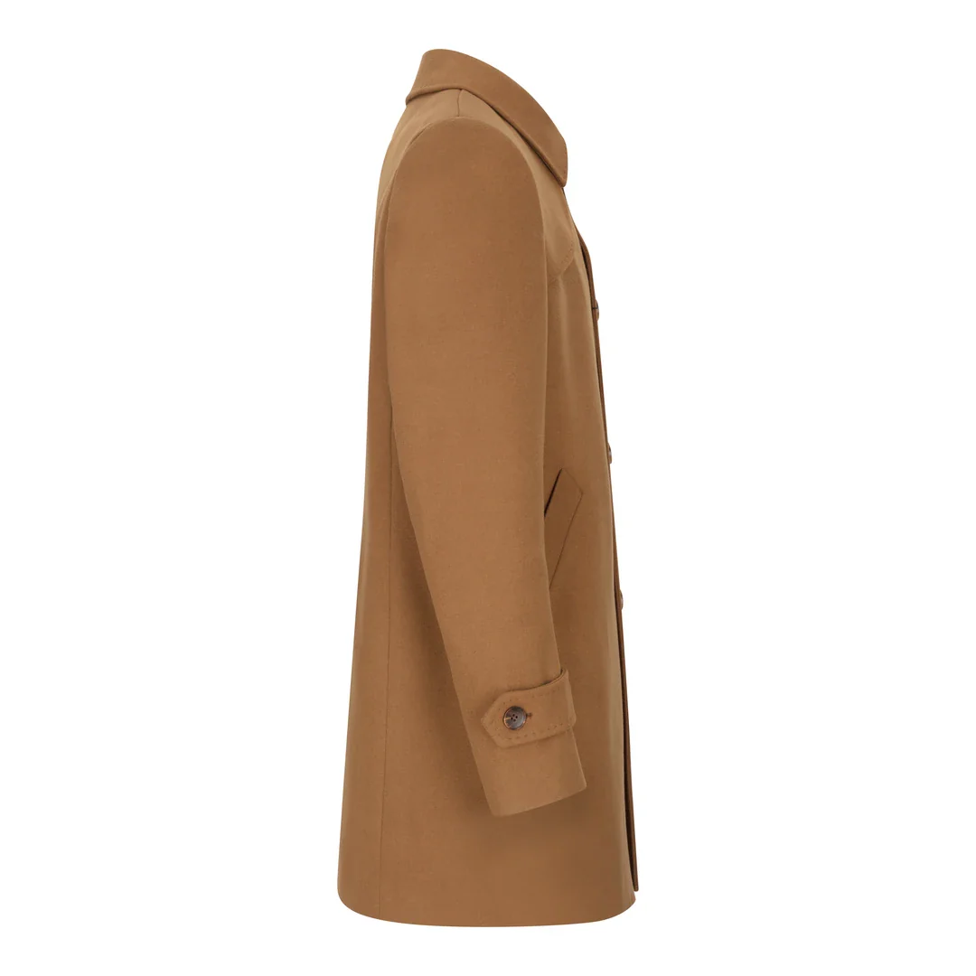 Men’s Wool 3/4 Camel Tan Overcoat Classic Button Down Collar Shoulder Patch - Image 3