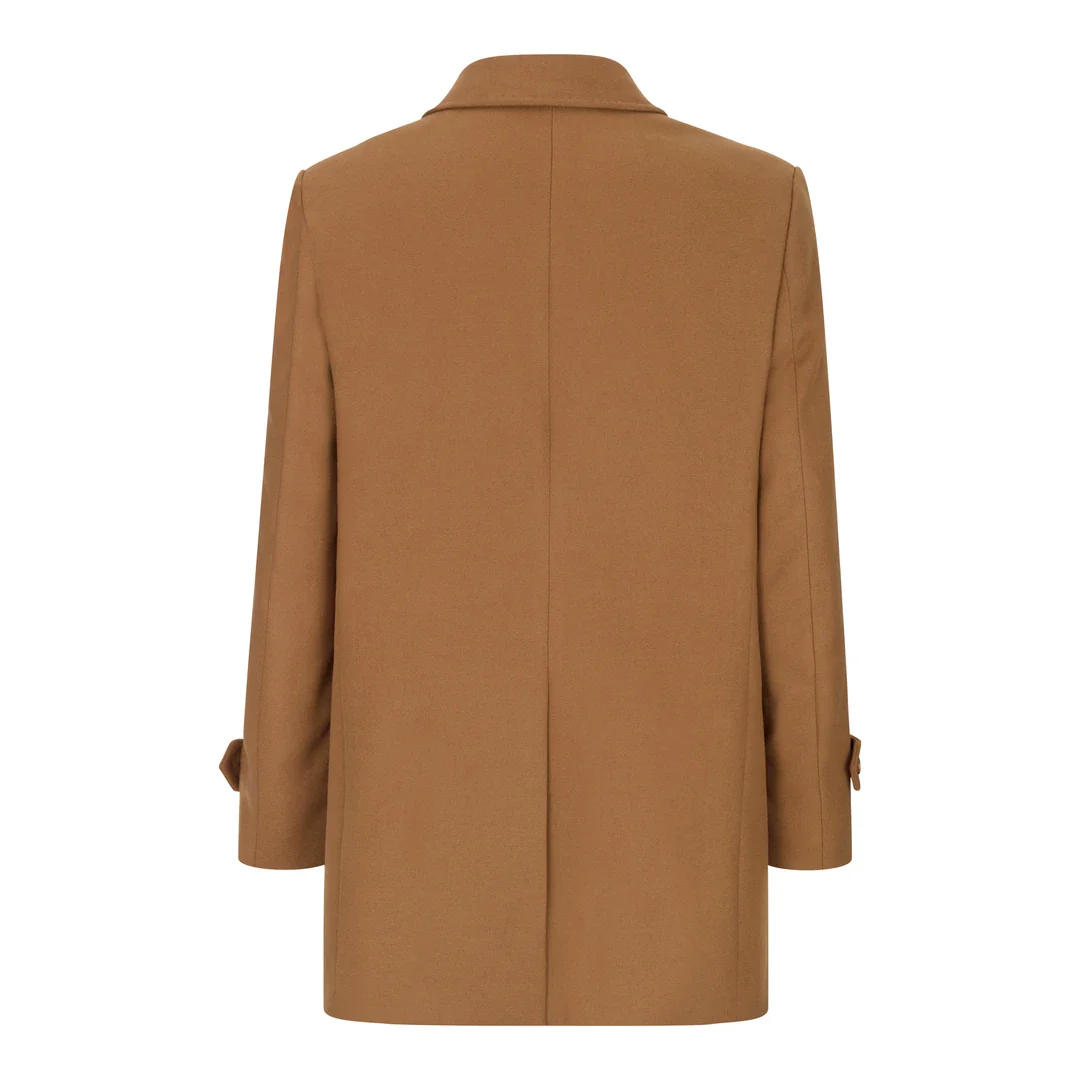 Men’s Wool 3/4 Camel Tan Overcoat Classic Button Down Collar Shoulder Patch - Image 4