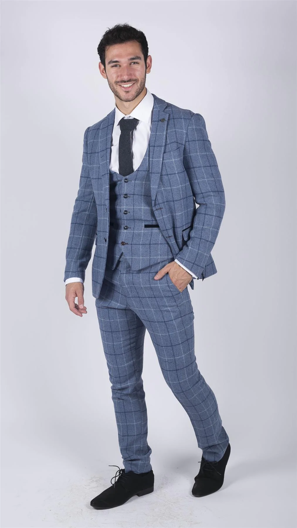 Mens Marc Darcy Light Blue Navy Check Blazer Smart Casual Tweed Slim Fit Clinton - Image 3