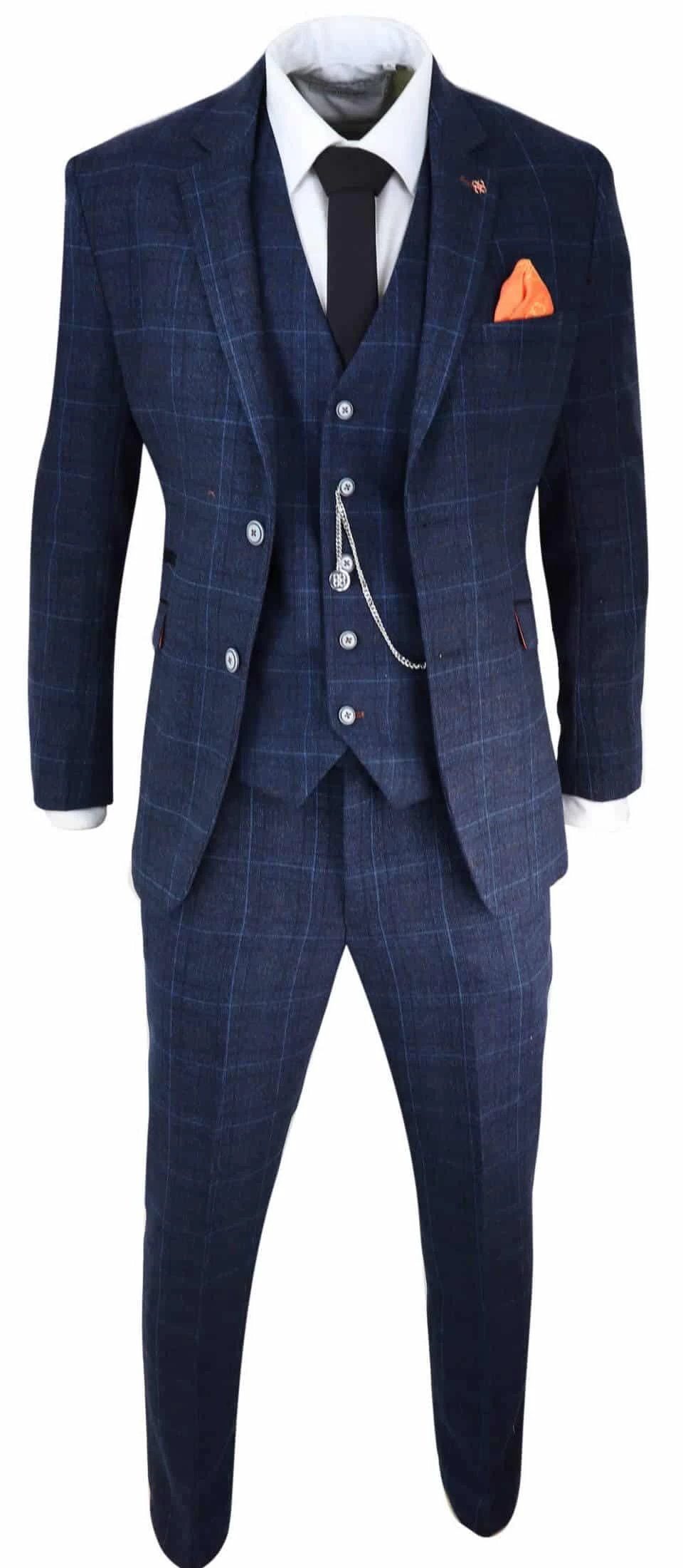 Mens Navy Blue Check 3 Piece Suit - Image 4