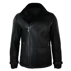 Men’s Winter Sheepskin Black Mid Length Fitted Jacket Cross Zip