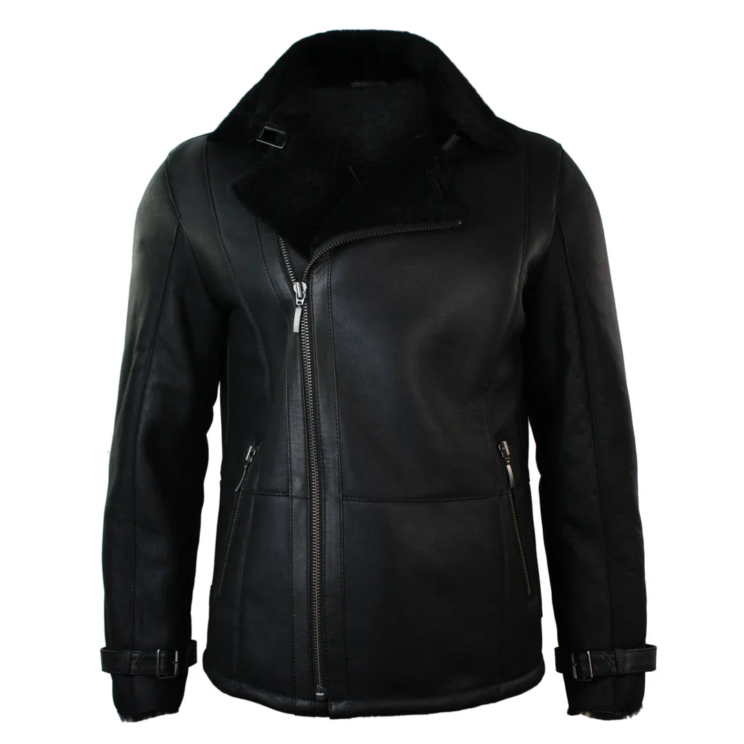 Men’s Winter Sheepskin Black Mid Length Fitted Jacket Cross Zip