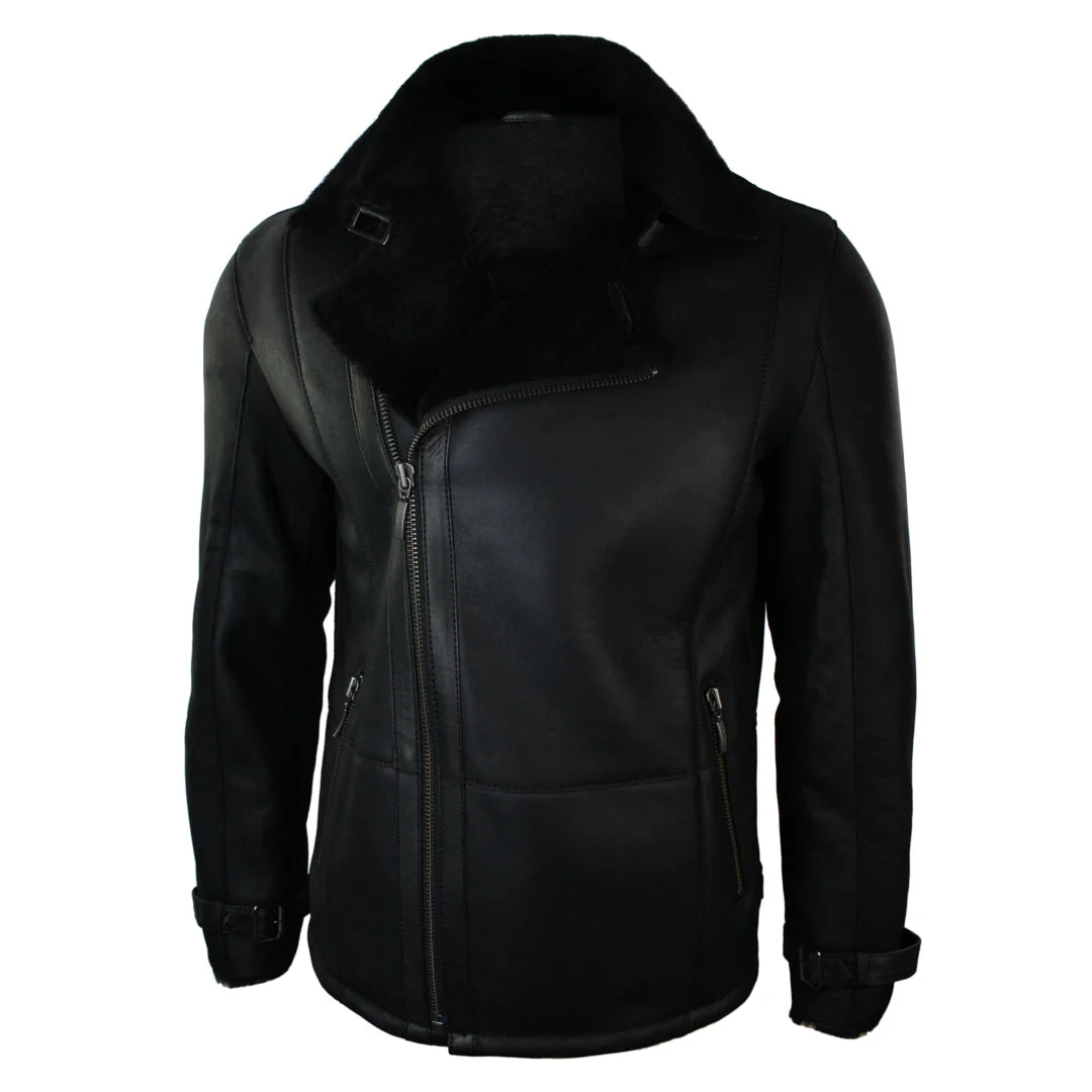 Men’s Winter Sheepskin Black Mid Length Fitted Jacket Cross Zip - Image 2