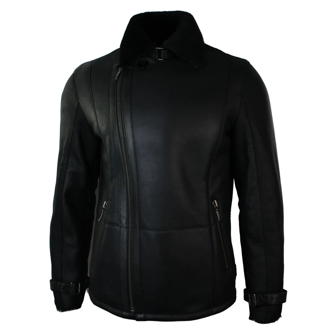 Men’s Winter Sheepskin Black Mid Length Fitted Jacket Cross Zip - Image 3