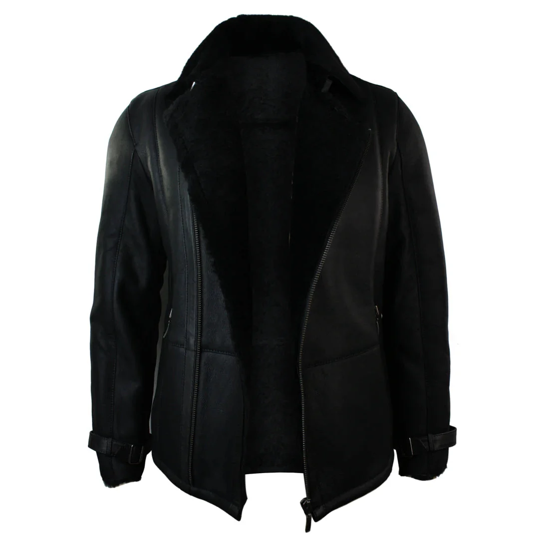 Men’s Winter Sheepskin Black Mid Length Fitted Jacket Cross Zip - Image 4