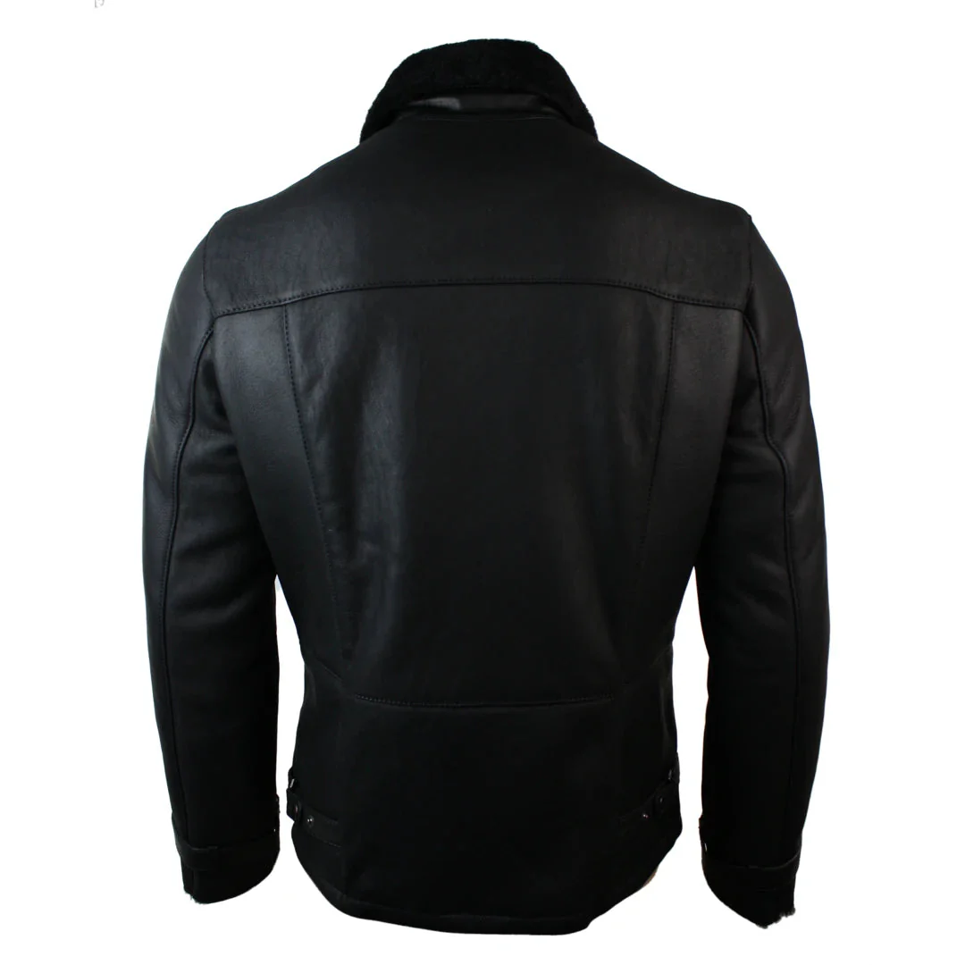 Men’s Winter Sheepskin Black Mid Length Fitted Jacket Cross Zip - Image 5