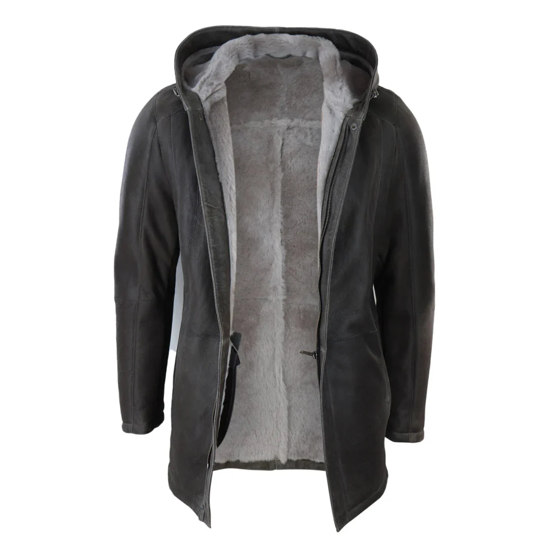 Men’s 3/4 Brown Soft Sheepskin Hood Jacket 3/4 Coat Classic Warm Winter - Image 2