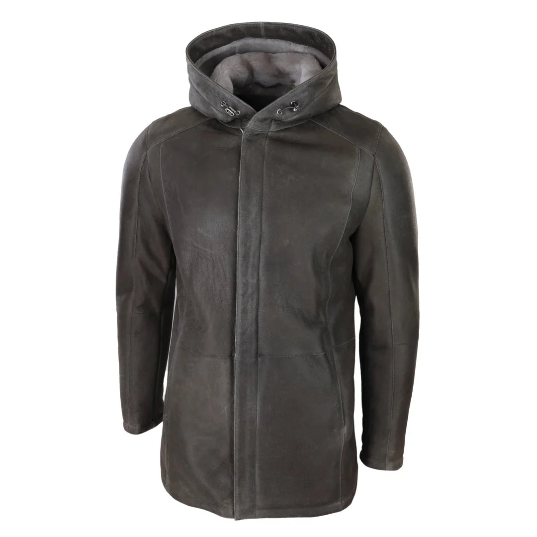 Men’s 3/4 Brown Soft Sheepskin Hood Jacket 3/4 Coat Classic Warm Winter - Image 3