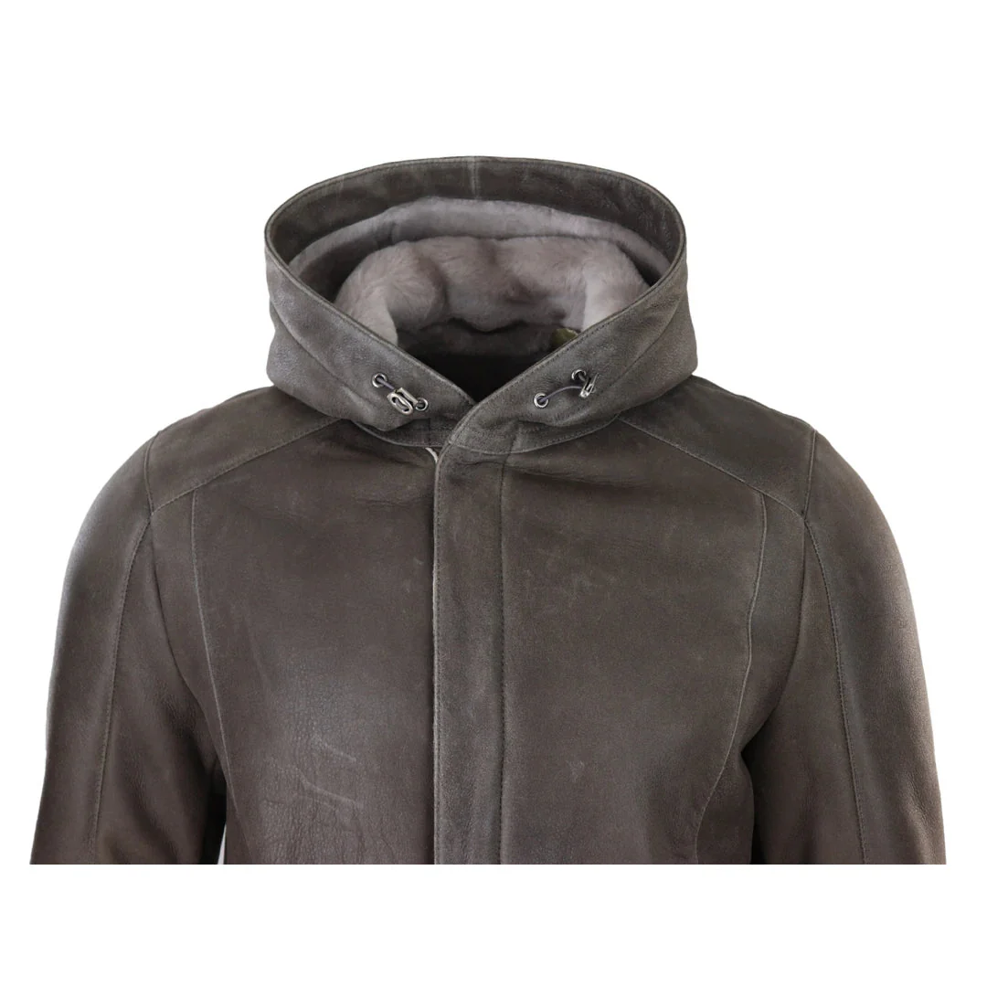 Men’s 3/4 Brown Soft Sheepskin Hood Jacket 3/4 Coat Classic Warm Winter - Image 4