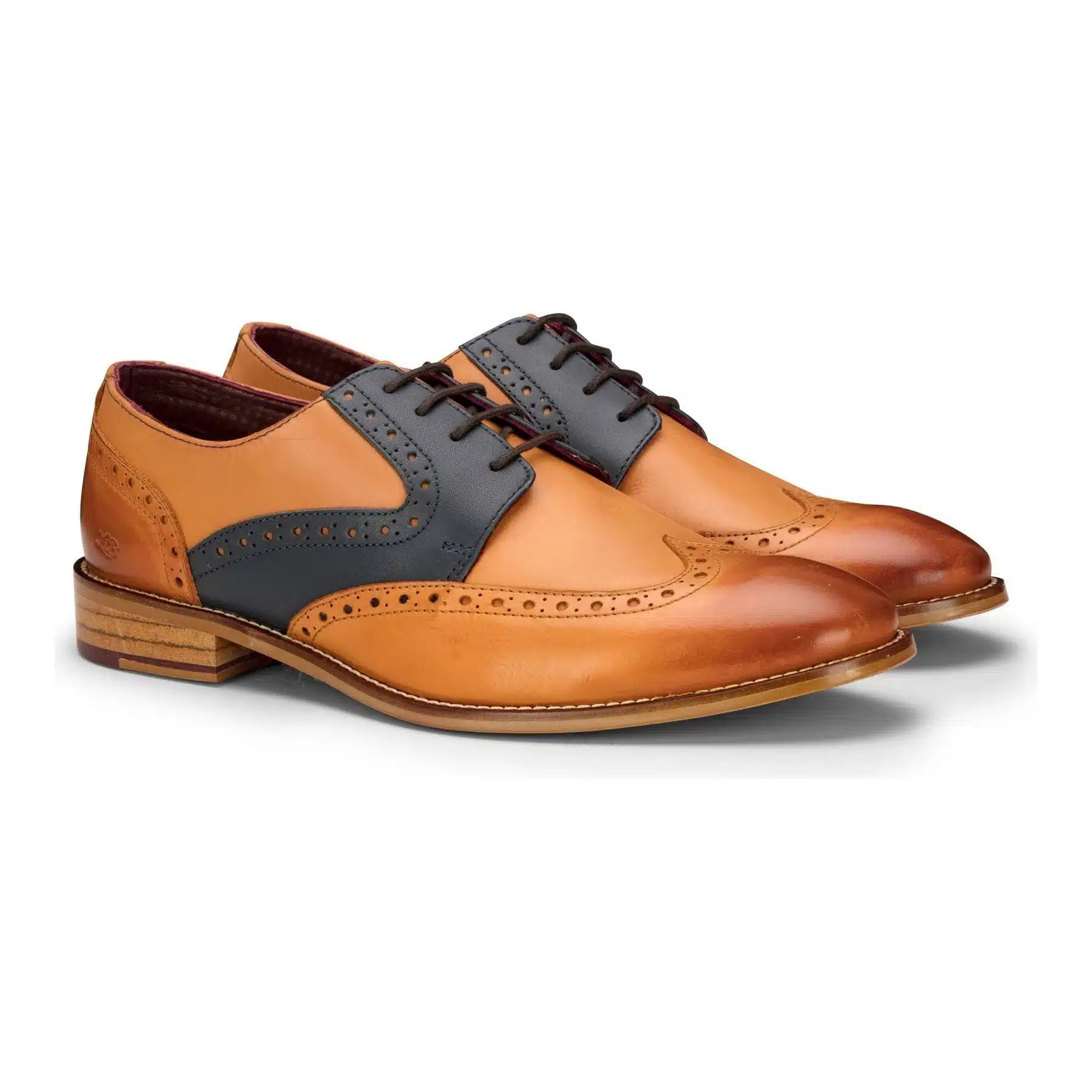 Mens Tan Navy Brown Red Brogue Shoes Laced Classic Vintage Formal Real Leather - Image 2
