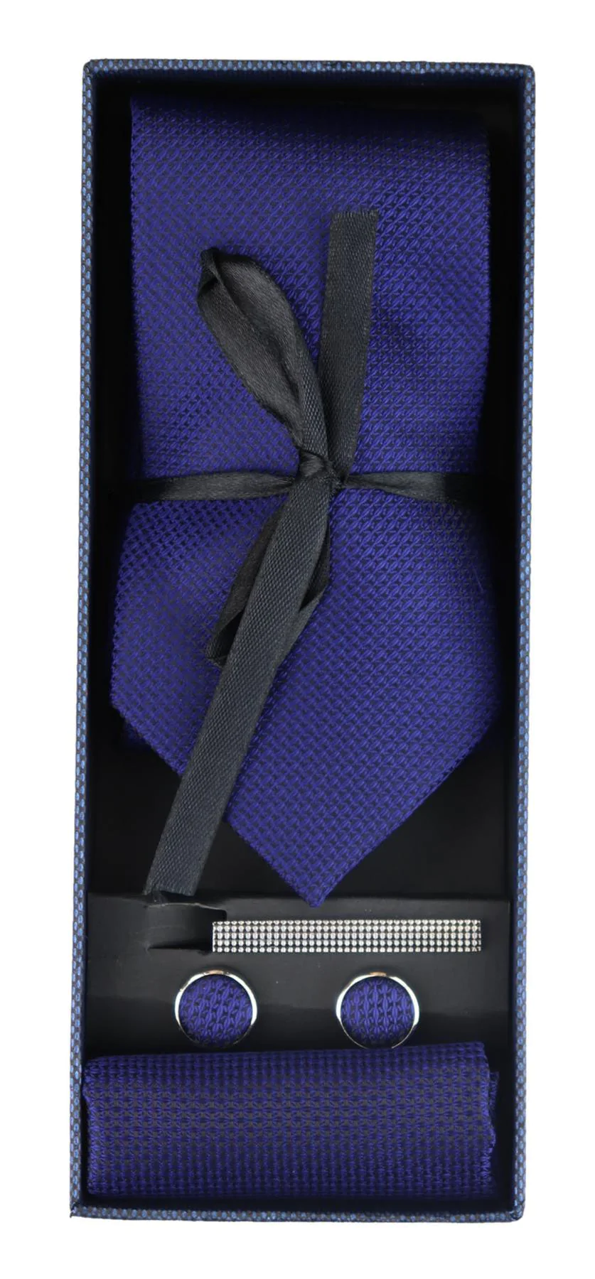 Satin Silk Textured Blue Tie Gift Set Pocket Square Cuff Links Tie Matt Satin - Image 2