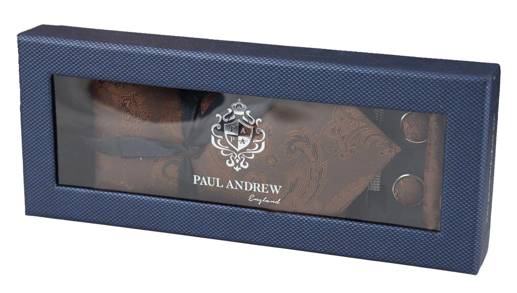 Paisley Neck Brown Tie Gift Set Pocket Square Cuff Links Tie Floral Satin - Image 2