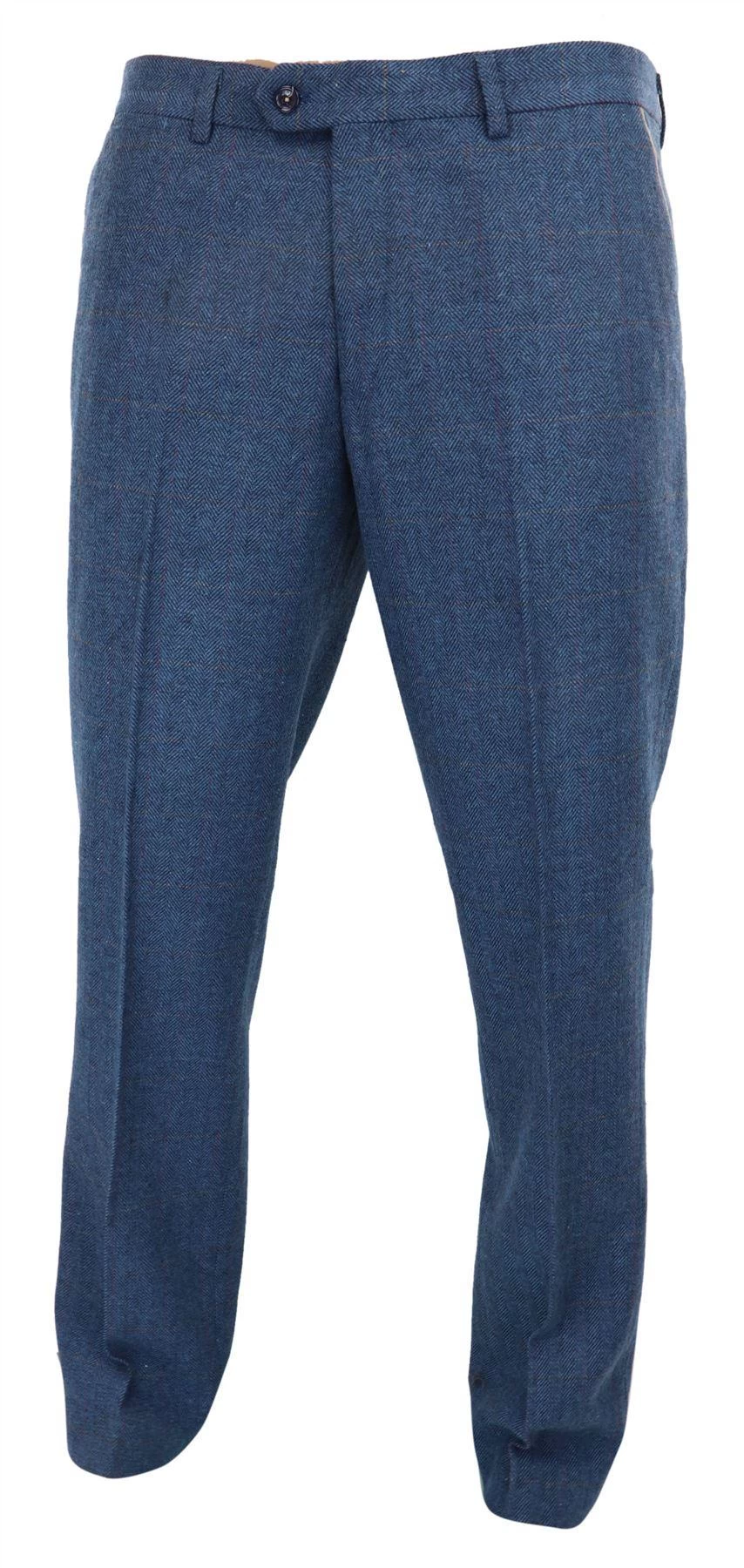 Dion – Men’s Blue Herringbone Tweed Check Trousers - Image 2