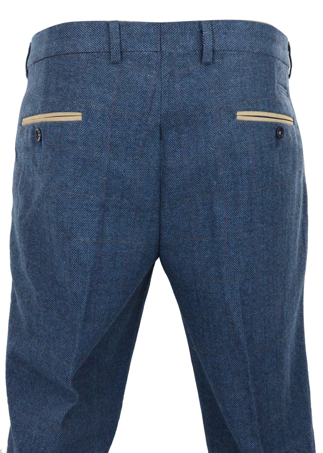Dion – Men’s Blue Herringbone Tweed Check Trousers - Image 3