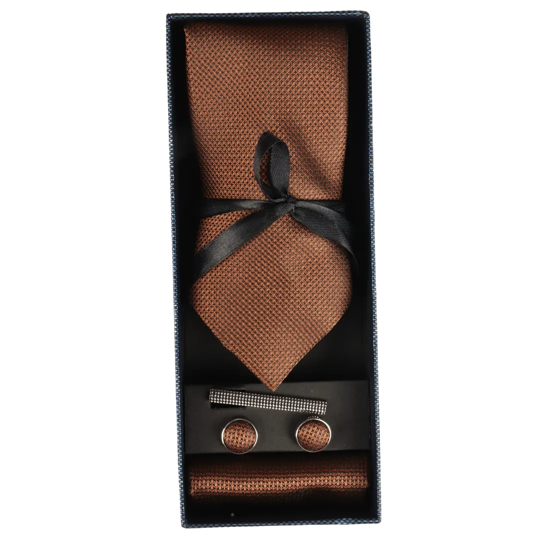 Diamond Neck Brown Tie Gift Set Pocket Square Cuff Links Pin Tie For Shirt Satin - Image 2