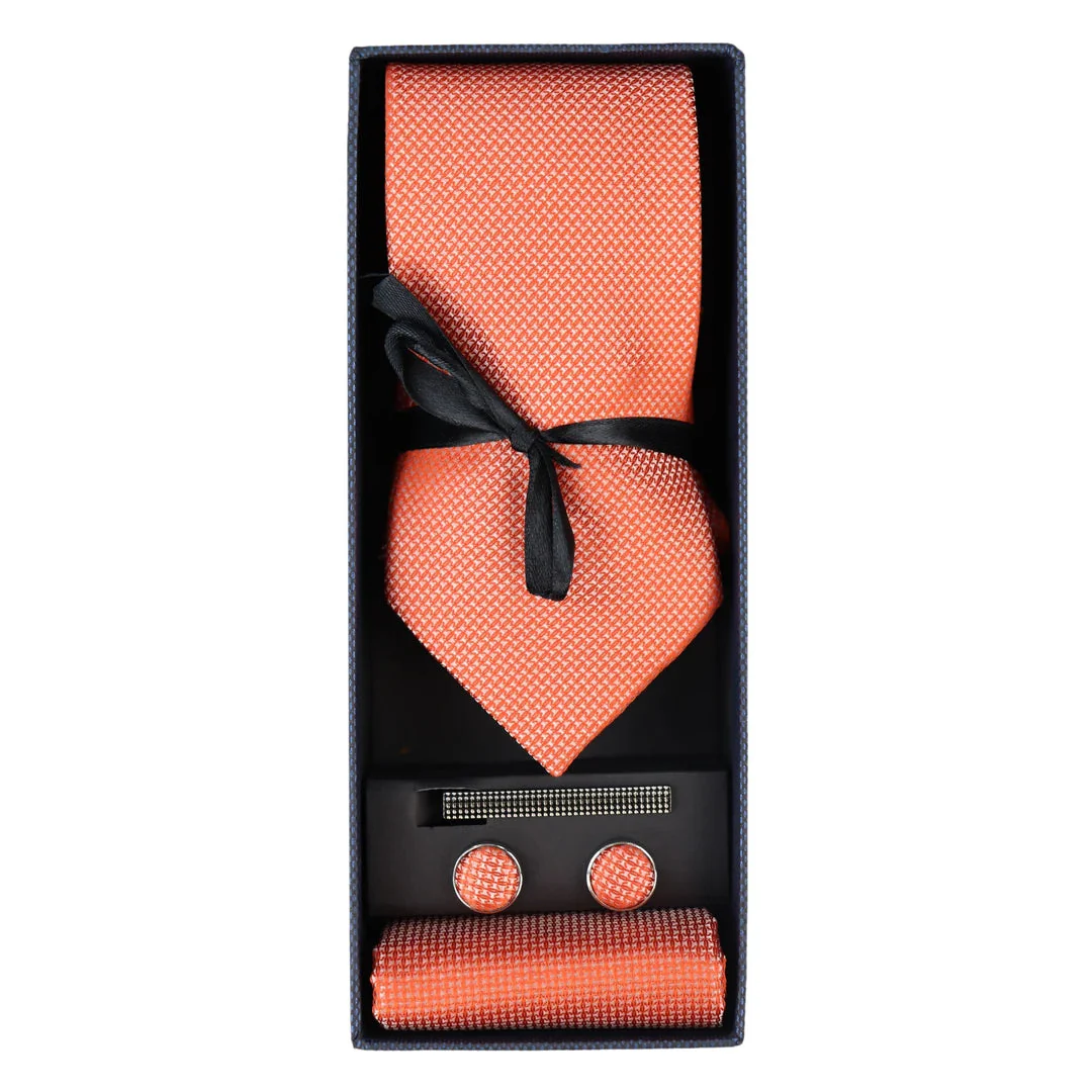 Diamond Neck Orange Tie Gift Set Pocket Square Cuff Links Pin Tie For Shirt Satin - Image 3