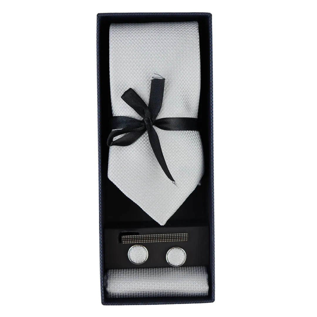 Diamond Neck Silver Tie Gift Set Pocket Square Cuff Links Pin Tie For Shirt Satin - Image 3