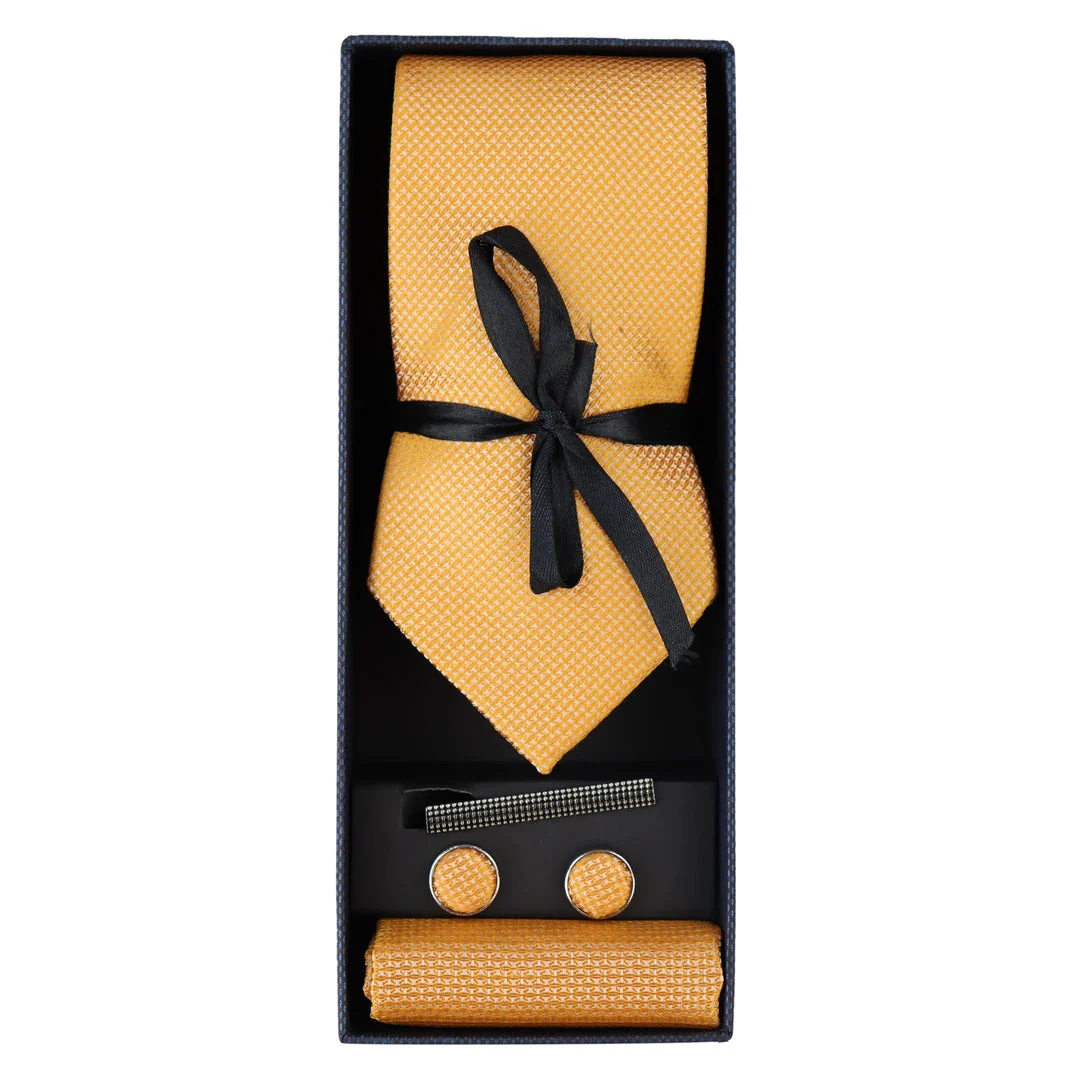 Diamond Neck Yellow Tie Gift Set Pocket Square Cuff Links Pin Tie For Shirt Satin - Image 3