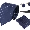 Dotted Navy Neck Tie Gift Set Pocket Square Cuff Links Tie Pin Polka Dot Satin