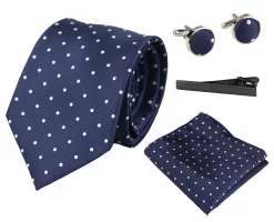 Dotted Navy Neck Tie Gift Set Pocket Square Cuff Links Tie Pin Polka Dot Satin