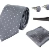 Dotted Silver Neck Tie Gift Set Pocket Square Cuff Links Tie Pin Polka Dot Satin