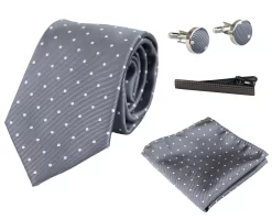 Dotted Silver Neck Tie Gift Set Pocket Square Cuff Links Tie Pin Polka Dot Satin