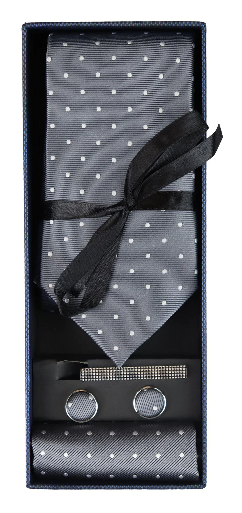 Dotted Silver Neck Tie Gift Set Pocket Square Cuff Links Tie Pin Polka Dot Satin - Image 2