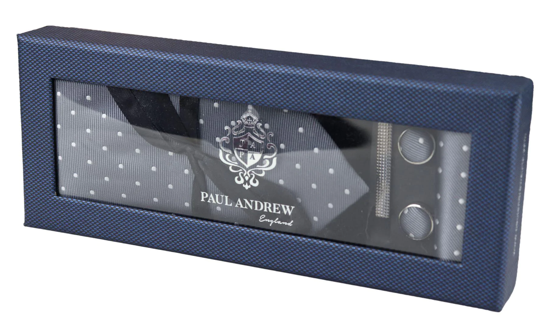 Dotted Silver Neck Tie Gift Set Pocket Square Cuff Links Tie Pin Polka Dot Satin - Image 3