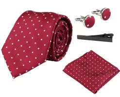Dotted Wine Neck Tie Gift Set Pocket Square Cuff Links Tie Pin Polka Dot Satin