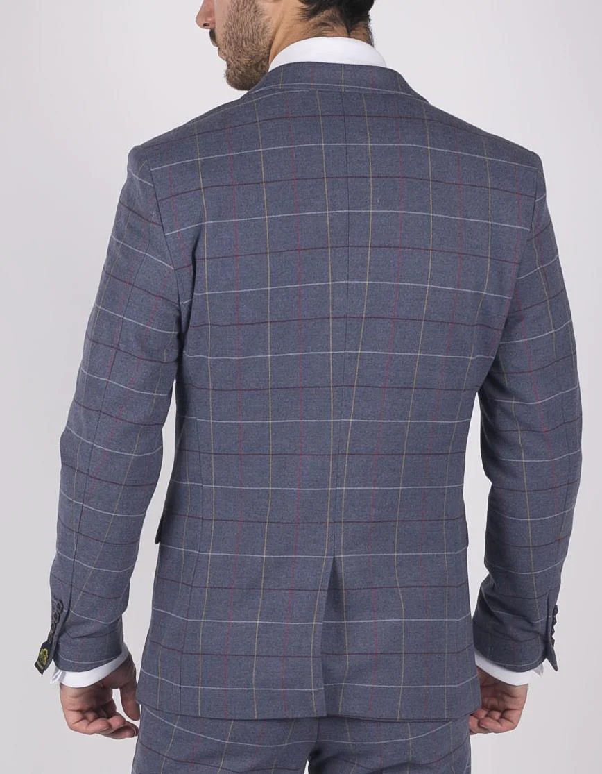 Mens Marc Darcy Blue Grey Red Check Blazer Smart Casual Tweed Slim Fit Drake - Image 2