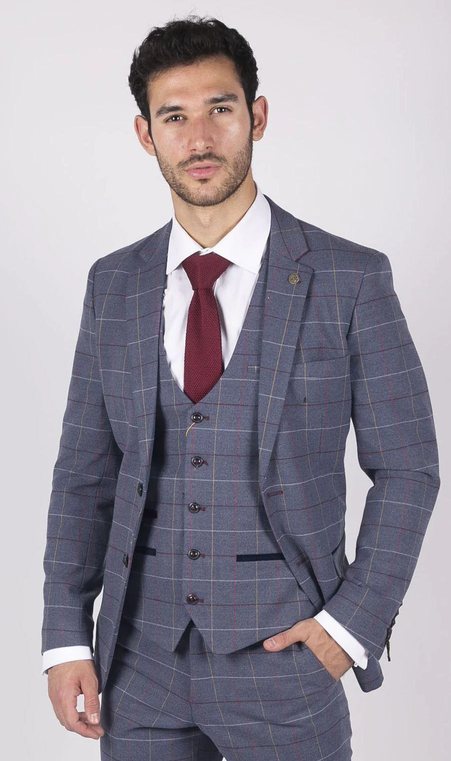 Mens Marc Darcy Blue Grey Red Check Blazer Smart Casual Tweed Slim Fit Drake - Image 3